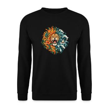 Löwe brüllt zwischen Flammen und Wellen – Kunst - Unisex Pullover - Schwarz - Vorne - Alina (178cm) & Michal (187cm)