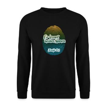 Er kennt meinen Namen – Fingerabdruck Glaube - Unisex Pullover - Schwarz - Vorne - Alina (178cm) & Michal (187cm)