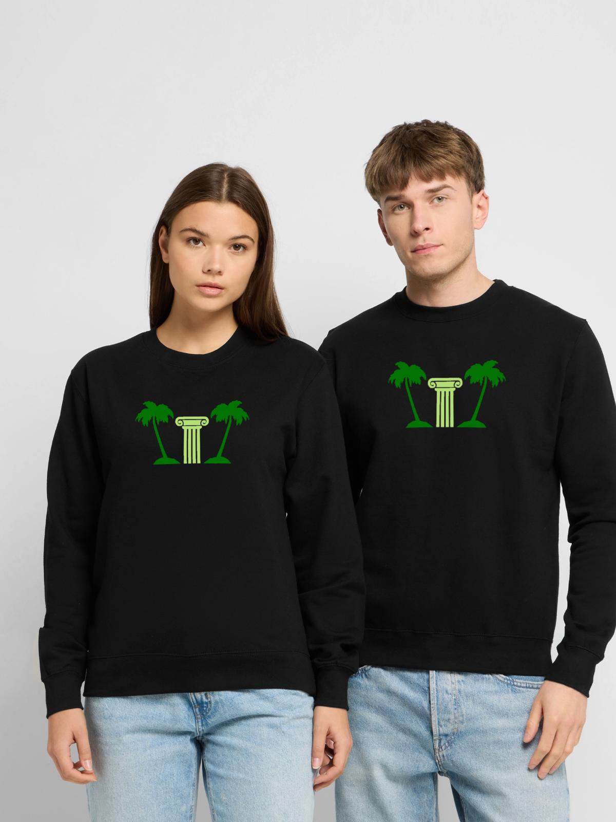 Kolonnaden im Palmenlicht - Unisex Pullover - Schwarz - Vorne - Alina (178cm) & Michal (187cm)