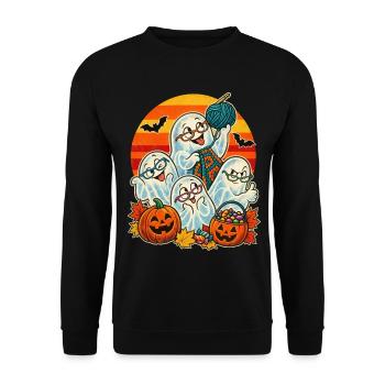 Halloween Häkel-Oma Geisterrunde - Unisex Pullover - Schwarz - Vorne - Alina (178cm) & Michal (187cm)