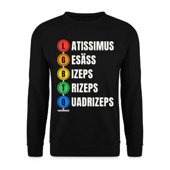 LGBTQ Latissimus Gesäß Bizeps Trizeps Quadrizeps - Unisex Pullover - Schwarz - Vorne - Alina (178cm) & Michal (187cm)