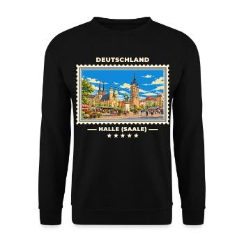 Deutschland Halle (Saale) Vintage Reisemarke - Unisex Pullover - Schwarz - Vorne - Alina (178cm) & Michal (187cm)