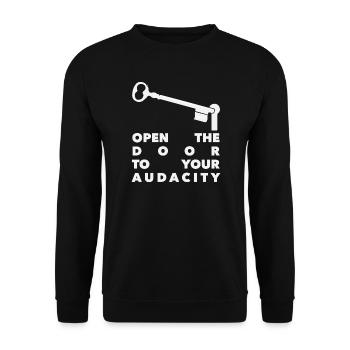 Öffne die Tür zu deiner Dreistigkeit - Unisex Pullover - Schwarz - Vorne - Alina (178cm) & Michal (187cm)