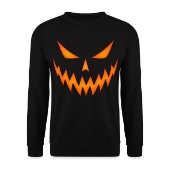 Halloween Kürbisgesicht Grusel Kürbis Kostüm Cozy  - Unisex Pullover - Schwarz - Vorne - Alina (178cm) & Michal (187cm)
