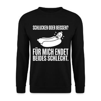 Schlucken oder beißen? Zweideutiger Hot Dog Spruch - Unisex Pullover - Schwarz - Vorne - Alina (178cm) & Michal (187cm)