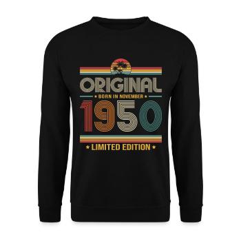 76. Geburtstag Geschenk November Jahrgang 1950 - Unisex Pullover - Schwarz - Vorne - Alina (178cm) & Michal (187cm)
