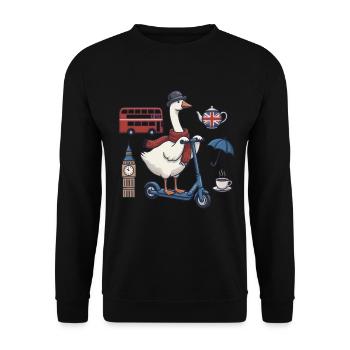 Gans auf Scooter: Britische Reise-Ästhetik - Unisex Pullover - Schwarz - Vorne - Alina (178cm) & Michal (187cm)