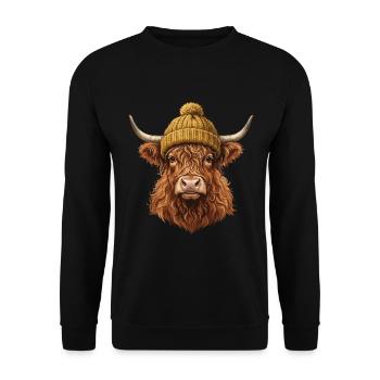 Hochlandrind mit Strickmütze - Unisex Pullover - Schwarz - Vorne - Alina (178cm) & Michal (187cm)