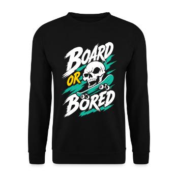 Skateboard und Totenkopf – Board or Bored - Unisex Pullover - Schwarz - Vorne - Alina (178cm) & Michal (187cm)