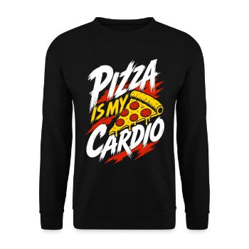 Pizza Is My Cardio – Pizzastück mit Sportspruch - Unisex Pullover - Schwarz - Vorne - Alina (178cm) & Michal (187cm)