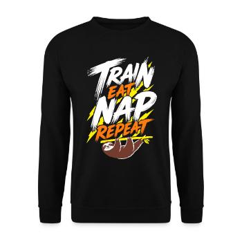 Faultier – Train Eat Nap Repeat - Unisex Pullover - Schwarz - Vorne - Alina (178cm) & Michal (187cm)