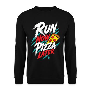 Laufen und Pizza – Run Now Pizza Later - Unisex Pullover - Schwarz - Vorne - Alina (178cm) & Michal (187cm)
