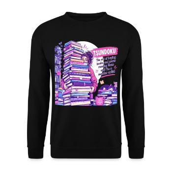 Tsundoku Master Artist: Riesiger Bücherstapel - Unisex Pullover - Schwarz - Vorne - Alina (178cm) & Michal (187cm)