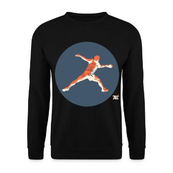 Tischtennisspieler in Aktion – Retro Stil - Unisex Pullover - Schwarz - Vorne - Alina (178cm) & Michal (187cm)