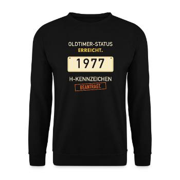 50. Geburtstag 1977 Oldtimer H-Kennzeichen  - Unisex Pullover - Schwarz - Vorne - Alina (178cm) & Michal (187cm)