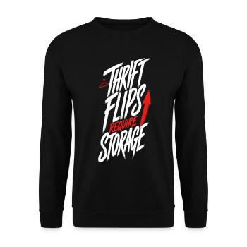 Secondhand-Humor – Thrift Flips Require Storage - Unisex Pullover - Schwarz - Vorne - Alina (178cm) & Michal (187cm)
