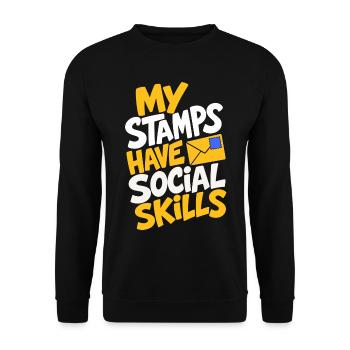 Briefmarken – My Stamps Have Social Skills - Unisex Pullover - Schwarz - Vorne - Alina (178cm) & Michal (187cm)