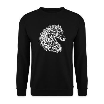 Nordischer Pferdekopf mit geflochtener Mähne und Knotenarbeit - Unisex Pullover - Schwarz - Vorne - Alina (178cm) & Michal (187cm)
