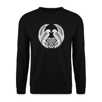 Zwillingsnordische Raben mit ornamentalem Knotenwerk - Unisex Pullover - Schwarz - Vorne - Alina (178cm) & Michal (187cm)
