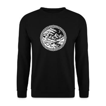 Bergbaum und Fluss mit nordischer Knotengrenze - Unisex Pullover - Schwarz - Vorne - Alina (178cm) & Michal (187cm)
