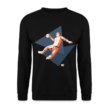 Handballspieler im Sprungwurf – Retro Stil - Unisex Pullover - Schwarz - Vorne - Alina (178cm) & Michal (187cm)