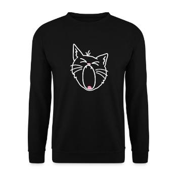 Katze gähnt beim Aufwachen – Minimalistische Zeichnung - Unisex Pullover - Schwarz - Vorne - Alina (178cm) & Michal (187cm)