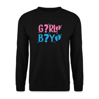 Frage zur Mädchen- oder Jungen-Geschlechtsenthüllung Pink oder Blau - Unisex Pullover - Schwarz - Vorne - Alina (178cm) & Michal (187cm)