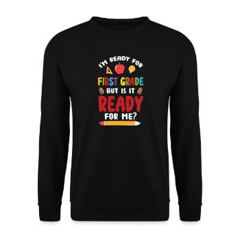 Einschulung Schulanfang Erste Klasse Schule - Unisex Pullover - Schwarz - Vorne - Alina (178cm) & Michal (187cm)
