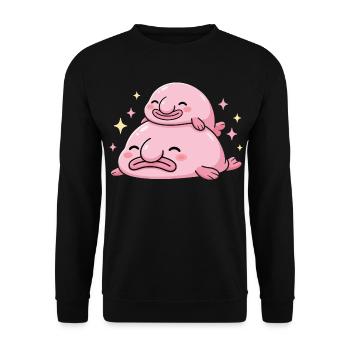 Kawaii Blobfisch Kuscheln Suesser Rosa Gestapel - Unisex Pullover - Schwarz - Vorne - Alina (178cm) & Michal (187cm)