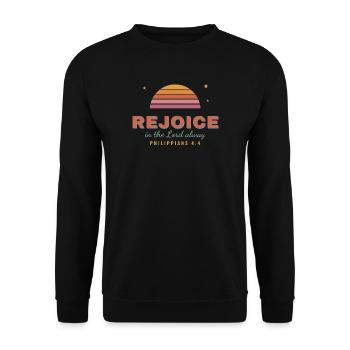 Rejoice – Philippians 4:4 Retro Sunset - Unisex Pullover - Schwarz - Vorne - Alina (178cm) & Michal (187cm)