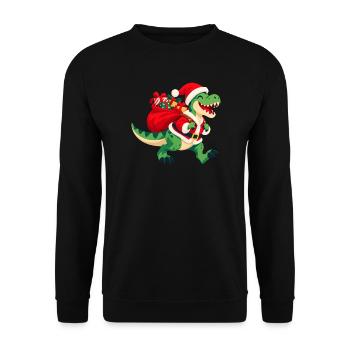 Weihnachtsdinosaurier mit Geschenkesack  - Unisex Pullover - Schwarz - Vorne - Alina (178cm) & Michal (187cm)