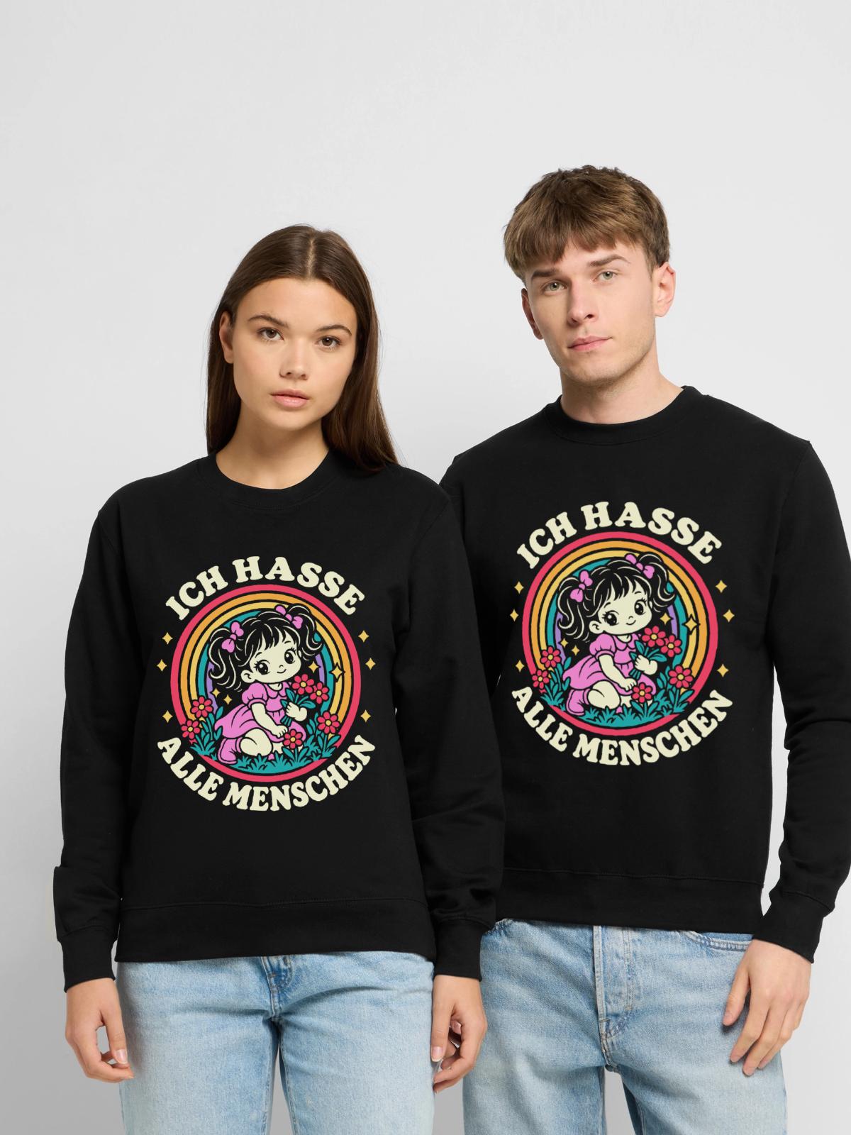 Ich hasse alle Menschen – Blumenmädchen - Unisex Pullover - Schwarz - Vorne - Alina (178cm) & Michal (187cm)