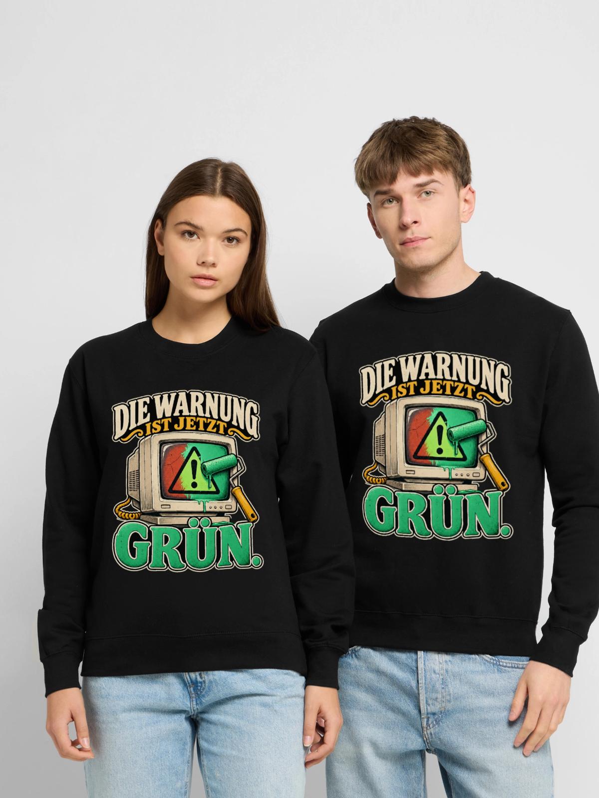Warnung in Grün - Unisex Pullover - Schwarz - Vorne - Alina (178cm) & Michal (187cm)