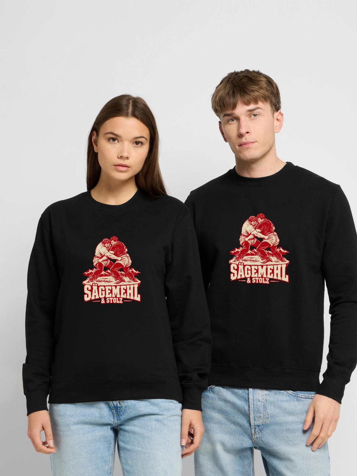 Sägemehl & Stolz – Schweizer Schwinger Retro - Unisex Pullover - Schwarz - Vorne - Alina (178cm) & Michal (187cm)