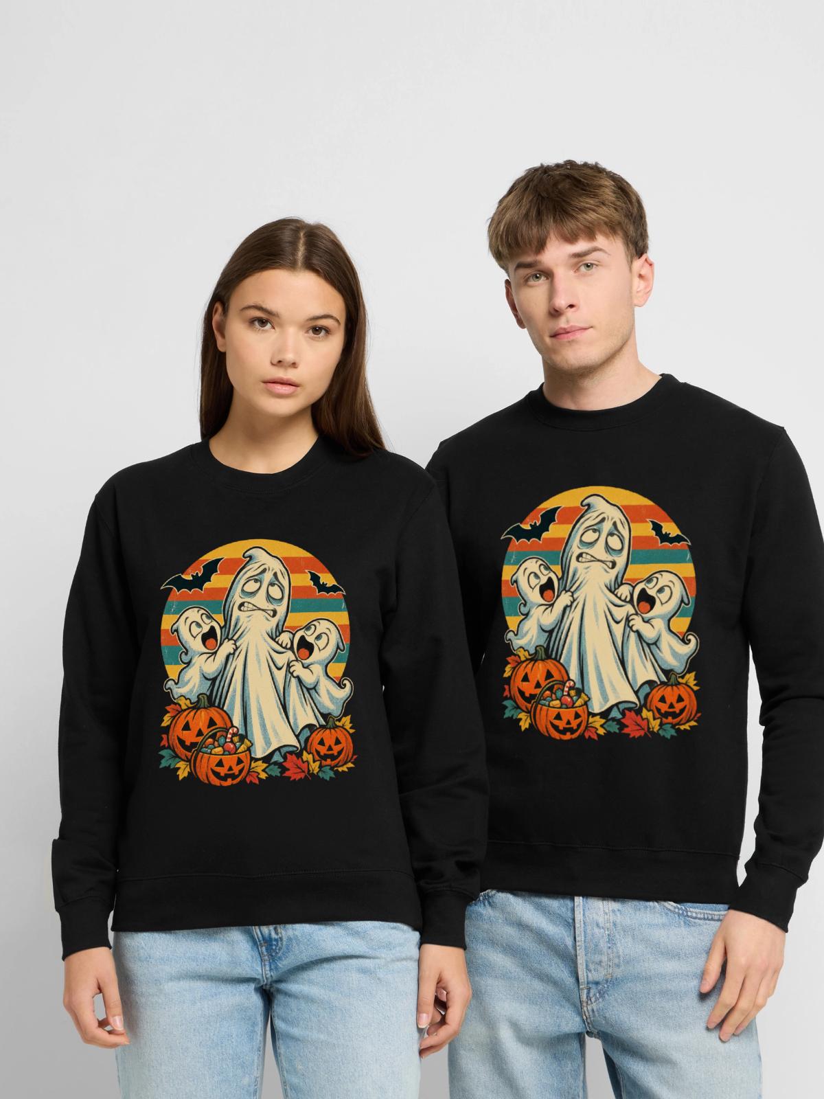 Halloween-Geist Still-Mama im Cluster-Chaos - Unisex Pullover - Schwarz - Vorne - Alina (178cm) & Michal (187cm)