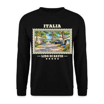 Italien Lido di Savio Camping Vintage Reisemarke - Unisex Pullover - Schwarz - Vorne - Alina (178cm) & Michal (187cm)