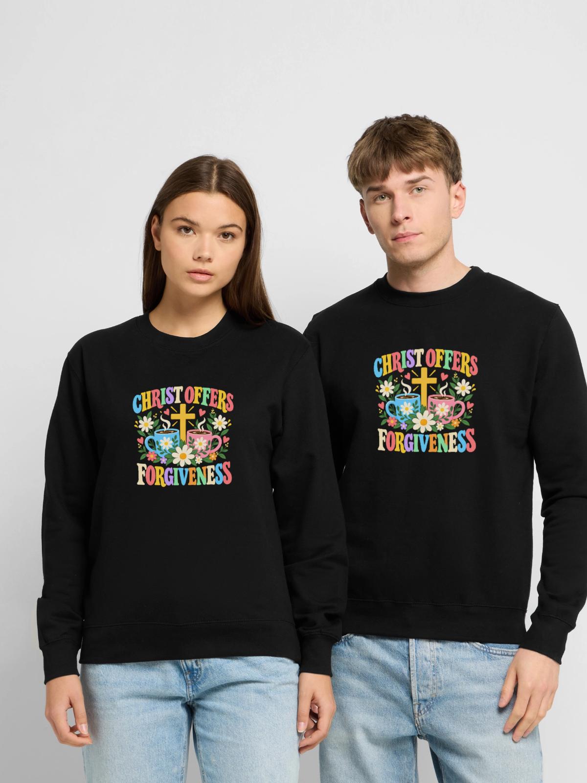 Christus bietet christliche Vergebung an - Unisex Pullover - Schwarz - Vorne - Alina (178cm) & Michal (187cm)
