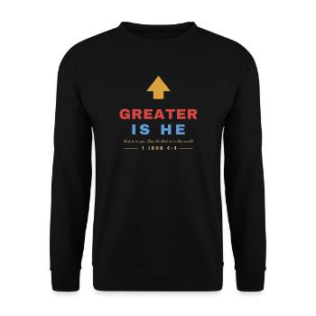 Greater Is He – 1 John 4:4 Christian - Unisex Pullover - Schwarz - Vorne - Alina (178cm) & Michal (187cm)