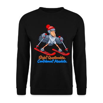 Shoebill auf Skiern – Absolutes Vertrauen - Unisex Pullover - Schwarz - Vorne - Alina (178cm) & Michal (187cm)