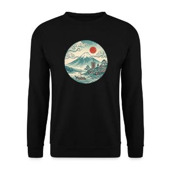 Fuji mit roter Sonne und Pagode - Unisex Pullover - Schwarz - Vorne - Alina (178cm) & Michal (187cm)