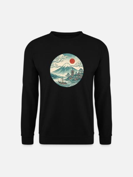 Fuji mit roter Sonne und Pagode - Unisex Pullover - Schwarz