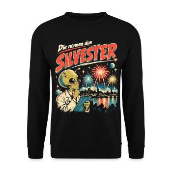 Die nennen das Silvester Feuerwerk Retro - Unisex Pullover - Schwarz - Vorne - Alina (178cm) & Michal (187cm)