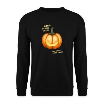 Innen etwas hohl, aber grinse sympathisch - Kürbis - Unisex Pullover - Schwarz - Vorne - Alina (178cm) & Michal (187cm)