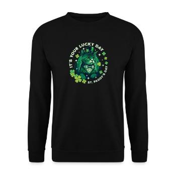 Glückskatze zum St. Patrick's Day - Unisex Pullover - Schwarz - Vorne - Alina (178cm) & Michal (187cm)