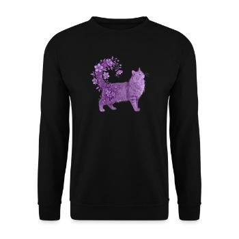 Lila Katze Mit Blumen Und Blütenranke - Unisex Pullover - Schwarz - Vorne - Alina (178cm) & Michal (187cm)