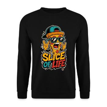 Pizza mit Cap und Rockhand – Slice of Life - Unisex Pullover - Schwarz - Vorne - Alina (178cm) & Michal (187cm)