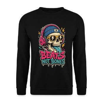 Totenkopf mit Kopfhörern – Beats Not Bones - Unisex Pullover - Schwarz - Vorne - Alina (178cm) & Michal (187cm)