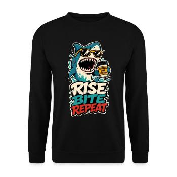 Hai mit Kaffee – Rise Bite Repeat - Unisex Pullover - Schwarz - Vorne - Alina (178cm) & Michal (187cm)