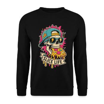 Pizza-Totenkopf mit Cap – Slice Life - Unisex Pullover - Schwarz - Vorne - Alina (178cm) & Michal (187cm)