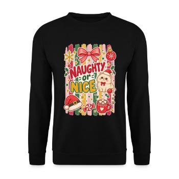 Ungezogene oder nette Weihnachtskatze – süßes festliches Kätzchen - Unisex Pullover - Schwarz - Vorne - Alina (178cm) & Michal (187cm)